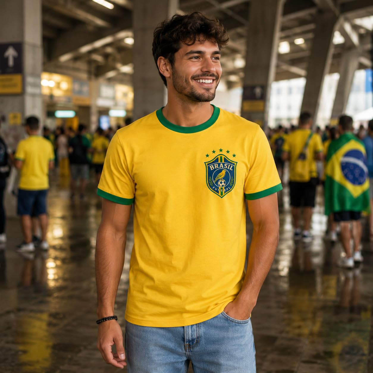 Galaxy Tees Retro Brazil Ringer T-Shirt Country Colour Contrast Tee - Galaxy Tees