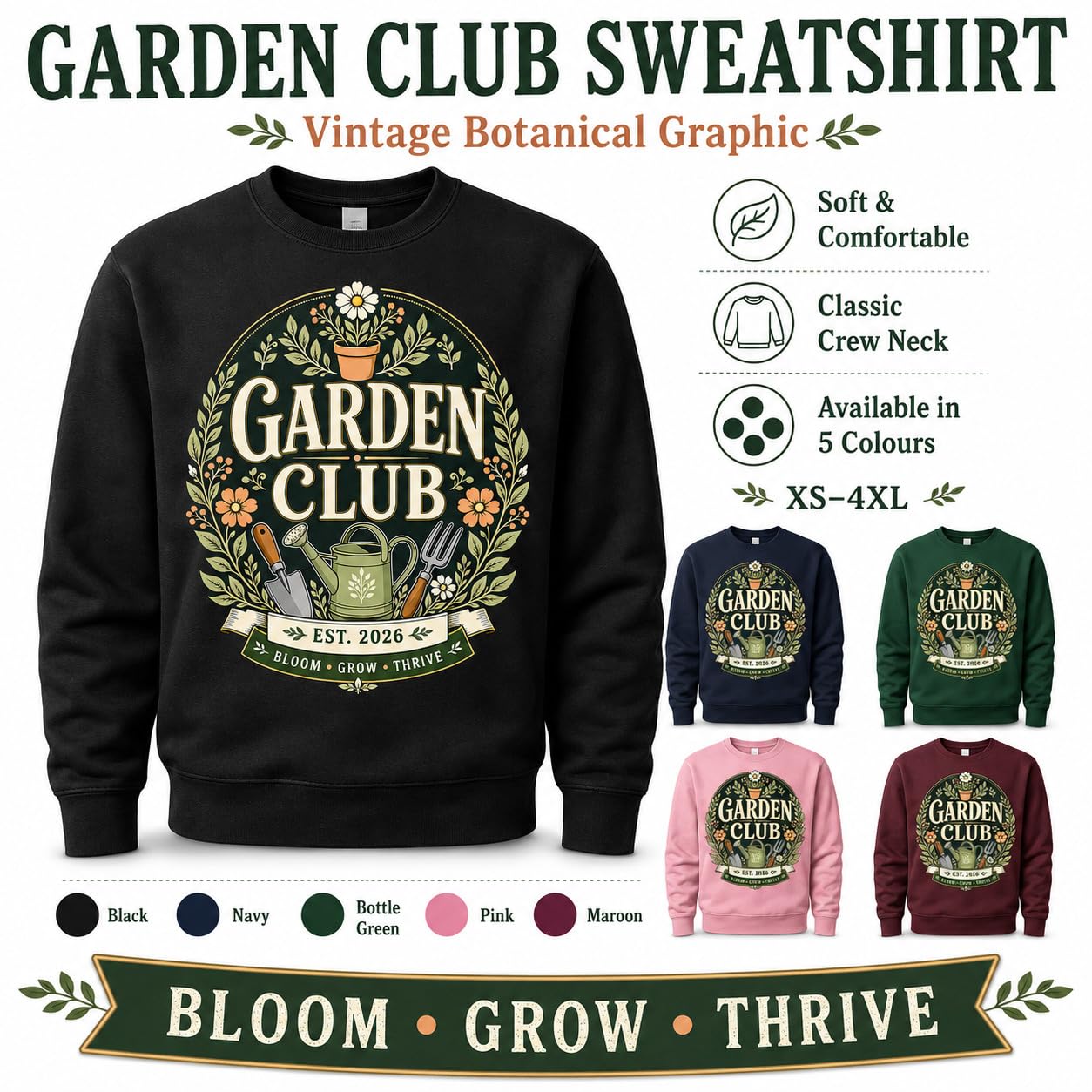 Garden Club Sweatshirt Vintage Gardening Gift Unisex Adult Jumper Gardener Plant Lover Black Navy Pink Maroon Green - Galaxy Tees