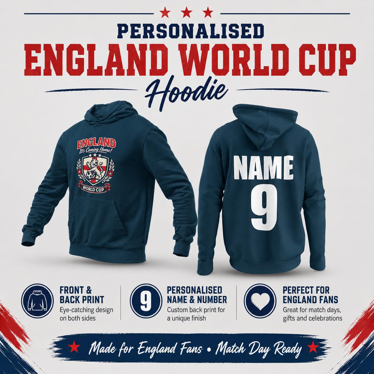 Personalised Galaxy Tees Unisex England World Cup Hoodie, Custom Name & Number Back Print, Adult Unisex Football Fan Gift - Galaxy Tees