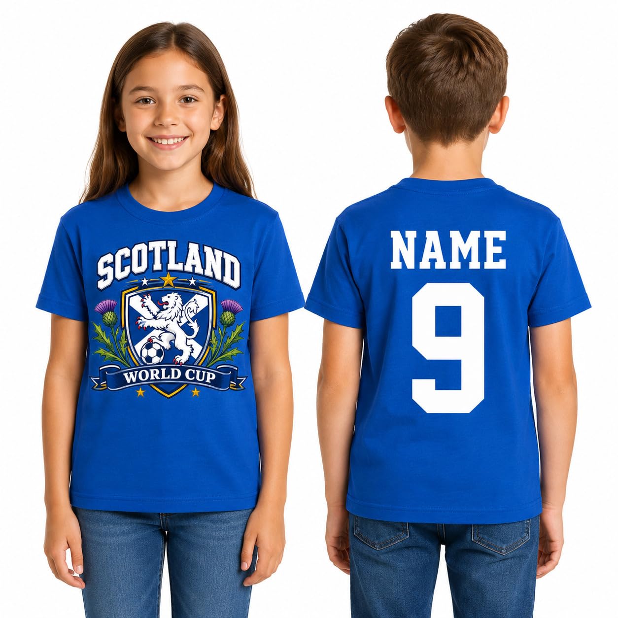 Kids Personalised Scotland Saltire Thistle World Cup T-Shirt Custom Name Number Boys Girls Football Fan T-Shirt Gift - Galaxy Tees