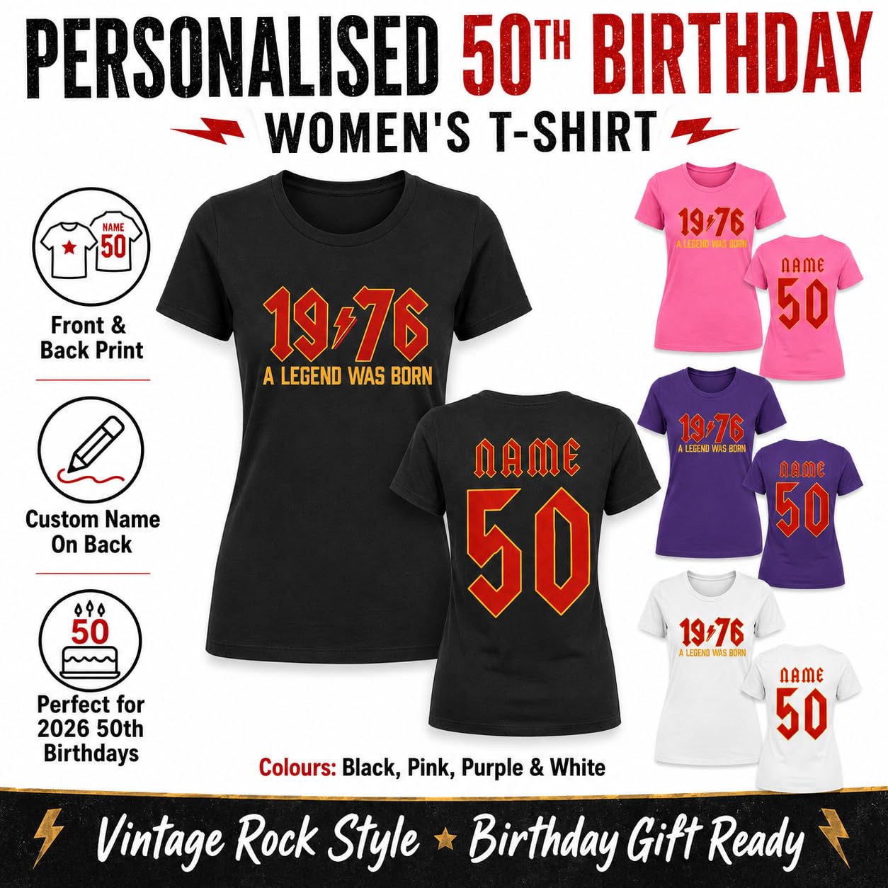 Women's Personalised 50th Birthday T-Shirt 2026 Vintage 1976 Rock Style Custom Name Back Print Ladies Gift T-Shirt - Galaxy Tees