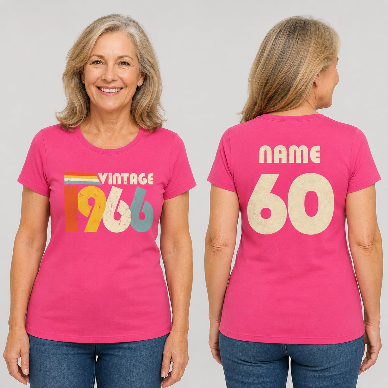 Personalised Vintage 1966 Women’s T-Shirt, 60th Birthday T-Shirt with Name on Back, Retro Born in 1966 Gift for Mum Nan Wife - Galaxy Tees