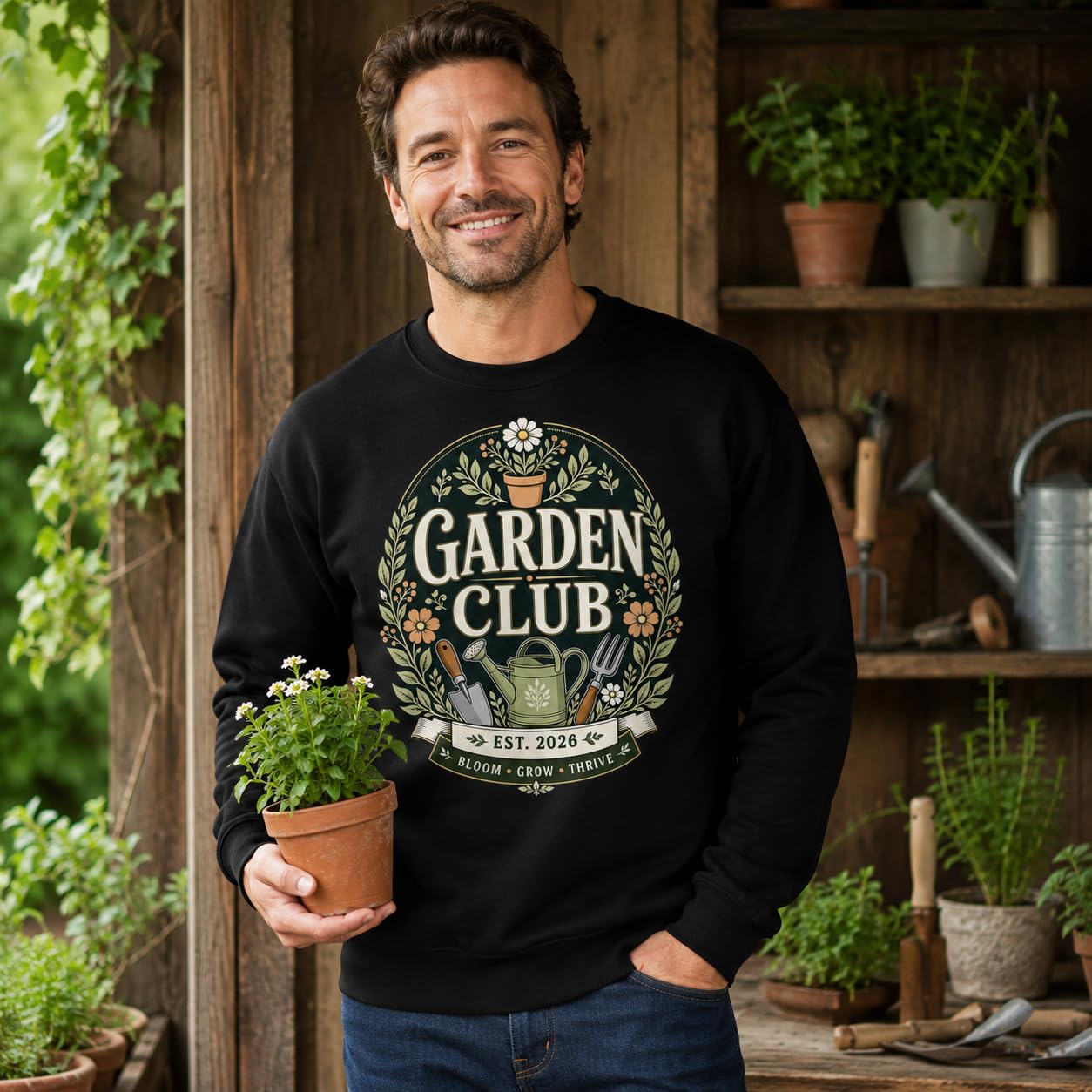 Garden Club Sweatshirt Vintage Gardening Gift Unisex Adult Jumper Gardener Plant Lover Black Navy Pink Maroon Green - Galaxy Tees
