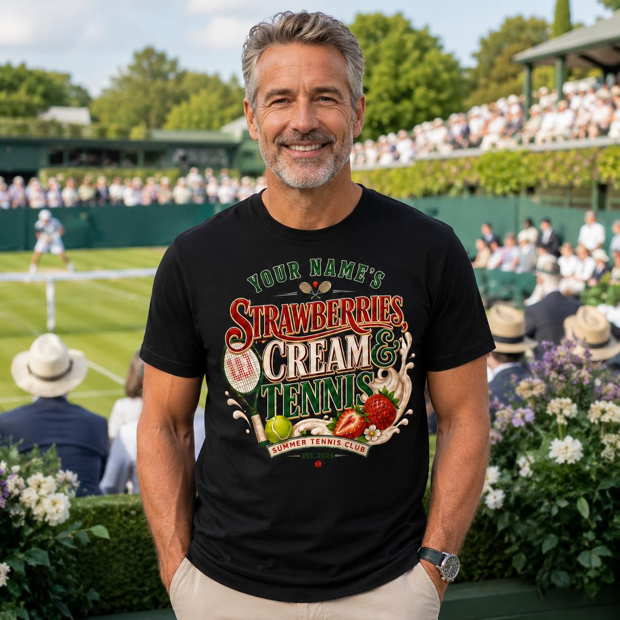 Galaxy Tees Personalised Strawberries Cream & Tennis T-Shirt Summer Sports Gift - Galaxy Tees