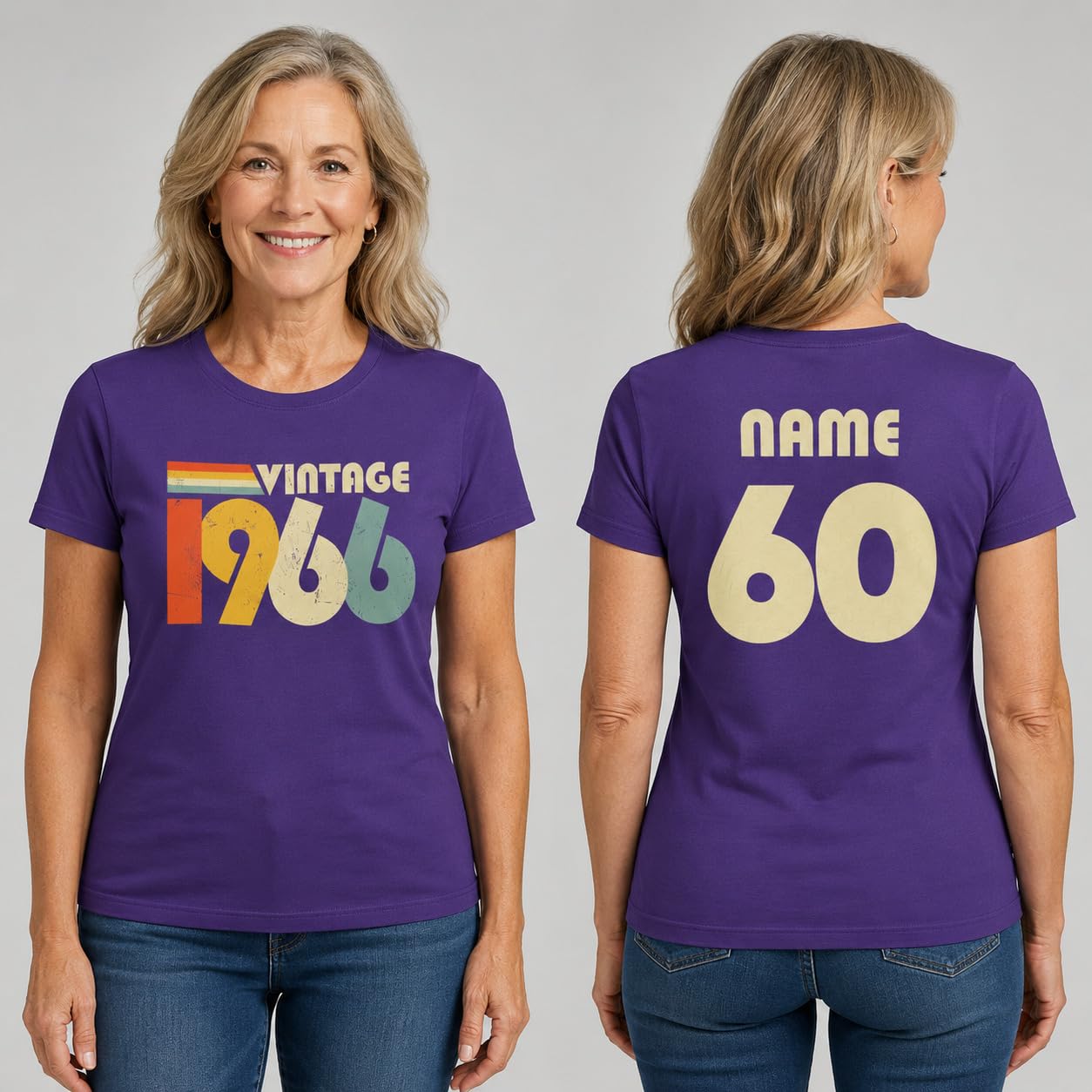 Personalised Vintage 1966 Women’s T-Shirt, 60th Birthday T-Shirt with Name on Back, Retro Born in 1966 Gift for Mum Nan Wife - Galaxy Tees