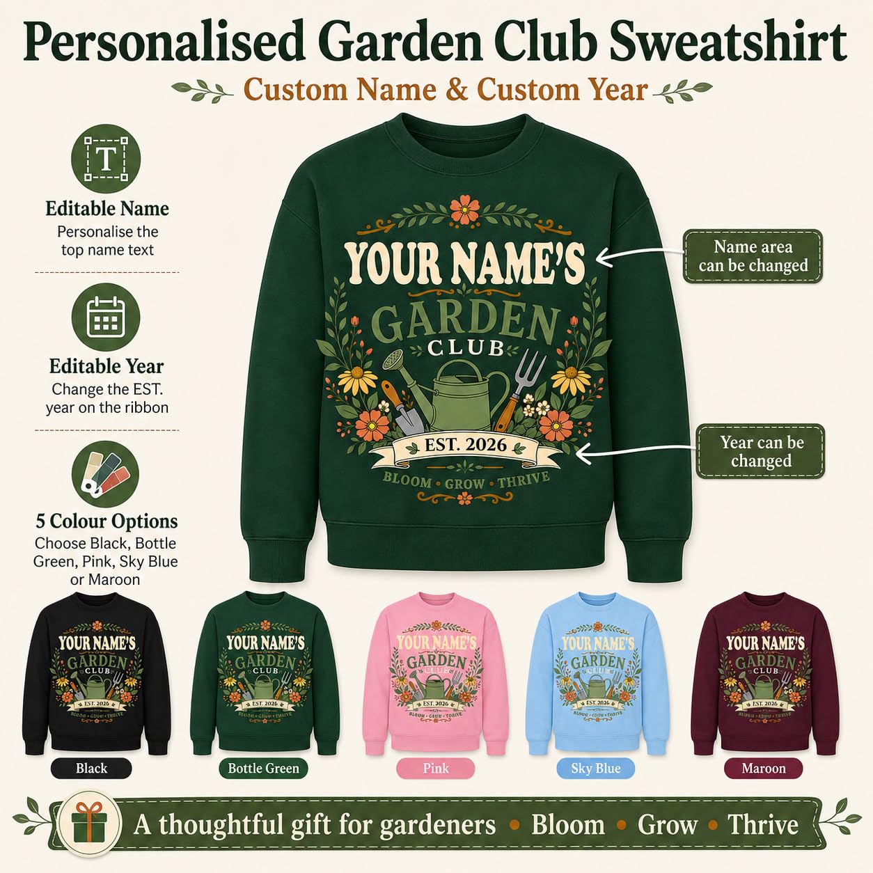 Personalised Garden Club Sweatshirt Custom Name Year Gardening Gift Adult Unisex Gardener Plant Lover Jumper - Galaxy Tees