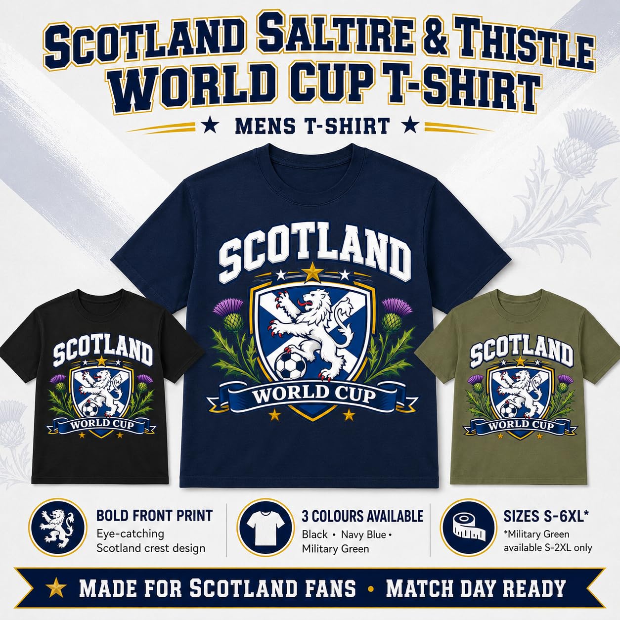 Men's Scotland Saltire Thistle World Cup T-Shirt 2026 Scottish Football Fan T-Shirt Black Navy Military Green - Galaxy Tees