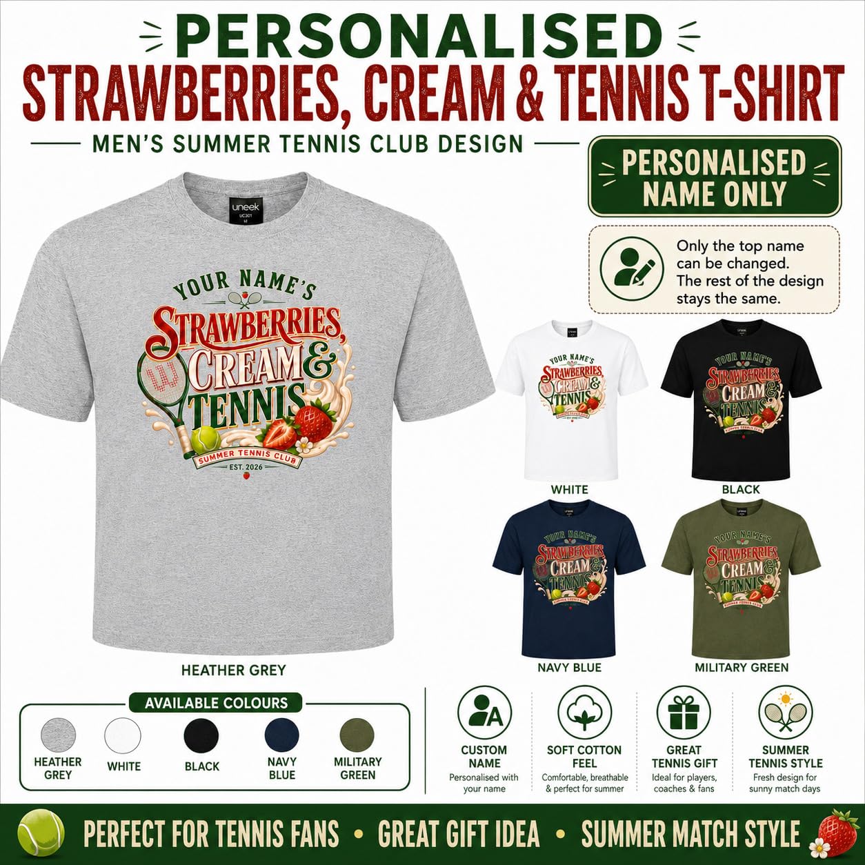 Galaxy Tees Personalised Strawberries Cream & Tennis T-Shirt Summer Sports Gift - Galaxy Tees