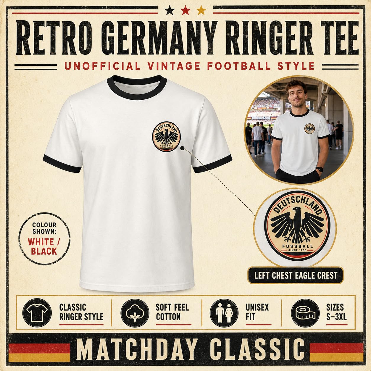 Galaxy Tees Retro Germany Ringer T-Shirt Country Colour Contrast Tee - Galaxy Tees