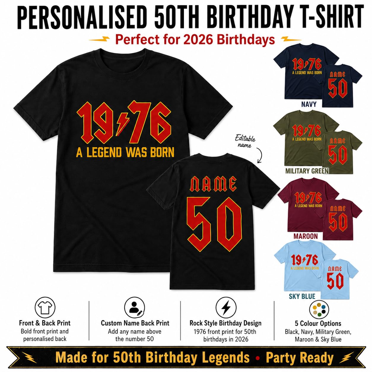Personalised 50th Birthday T-Shirt 2026 Vintage 1976 Rock Style Custom Name Back Print Men's Birthday Gift T-Shirt - Galaxy Tees