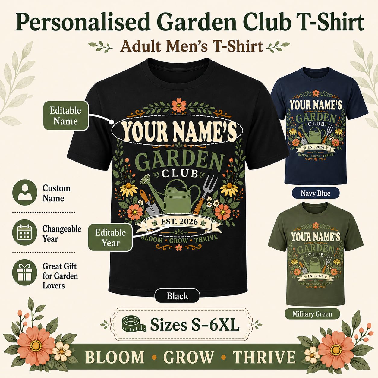 Personalised Garden Club T-Shirt Men’s Gardening Gift Custom Name Year Gardener Plant Lover T-Shirt - Galaxy Tees