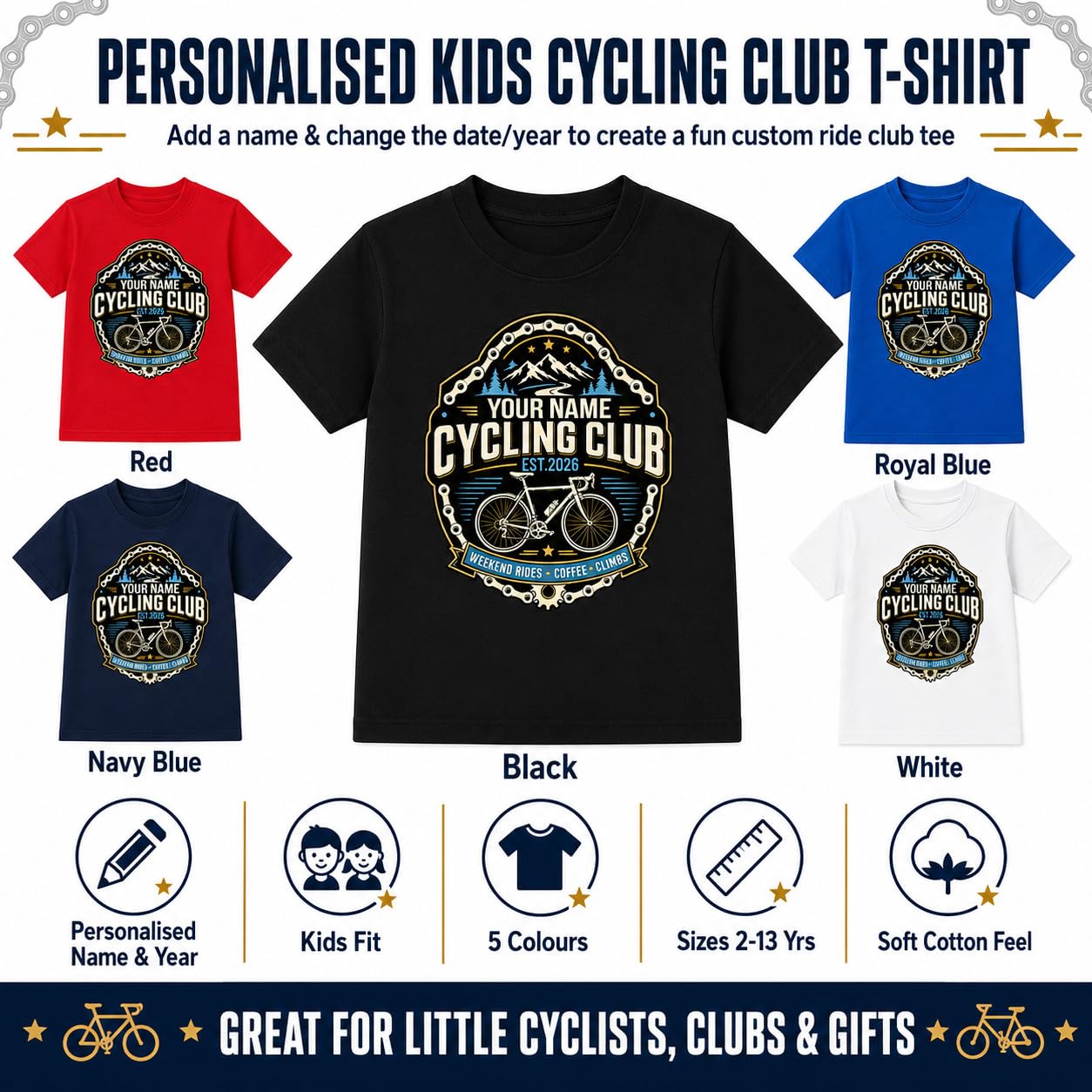Kids Personalised Cycling Club T-Shirt Custom Name Year Bike Rider T-Shirt Cycling Gift for Boys Girls Bicycle Club - Galaxy Tees