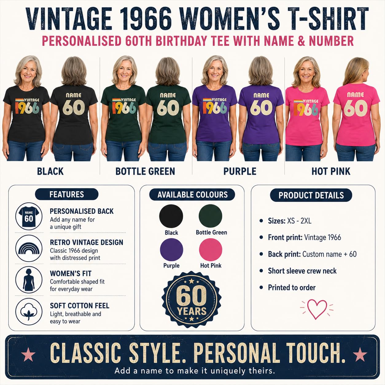 Personalised Vintage 1966 Women’s T-Shirt, 60th Birthday T-Shirt with Name on Back, Retro Born in 1966 Gift for Mum Nan Wife - Galaxy Tees