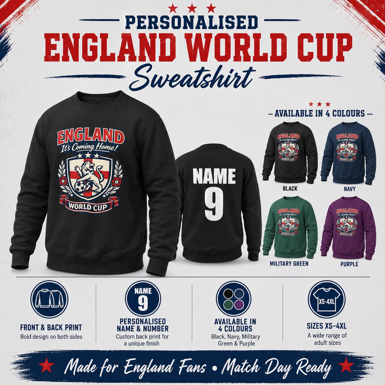 Personalised England World Cup Sweatshirt Custom Name Number Back Print Adult Football Fan Jumper Gift - Galaxy Tees