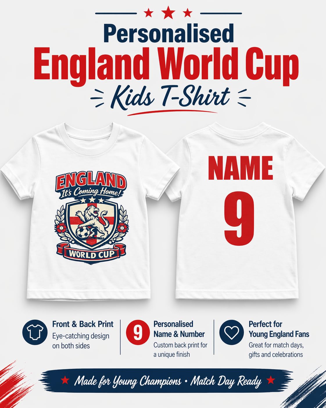 Kids Personalised England Football Fan T-Shirt, Custom Name & Number Back Print, Boys Girls World Cup Match Day Gift - Galaxy Tees