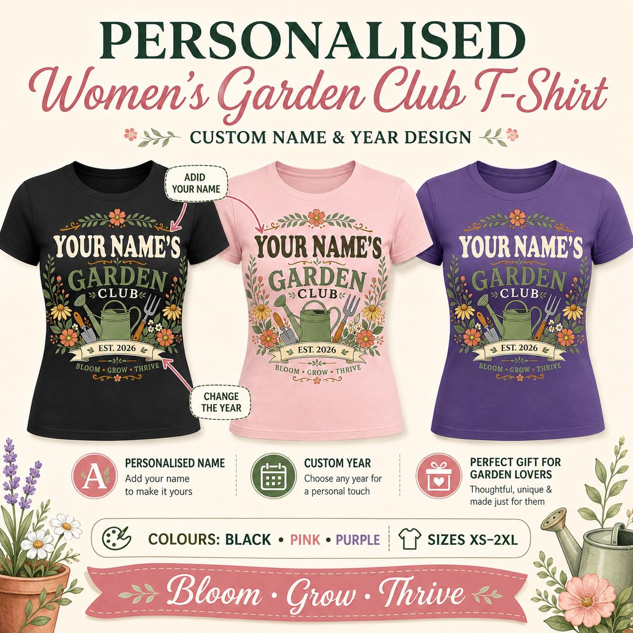 Women’s Personalised Garden Club T-Shirt Custom Name Year Gardening Gift Gardener Plant Lover T-Shirt - Galaxy Tees