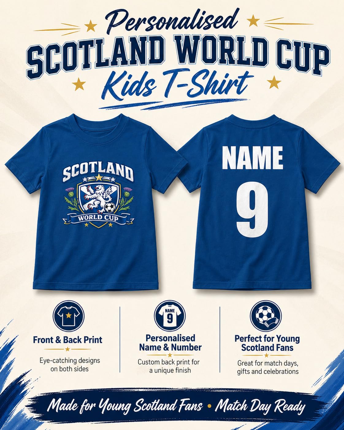 Kids Personalised Scotland Saltire Thistle World Cup T-Shirt Custom Name Number Boys Girls Football Fan T-Shirt Gift - Galaxy Tees