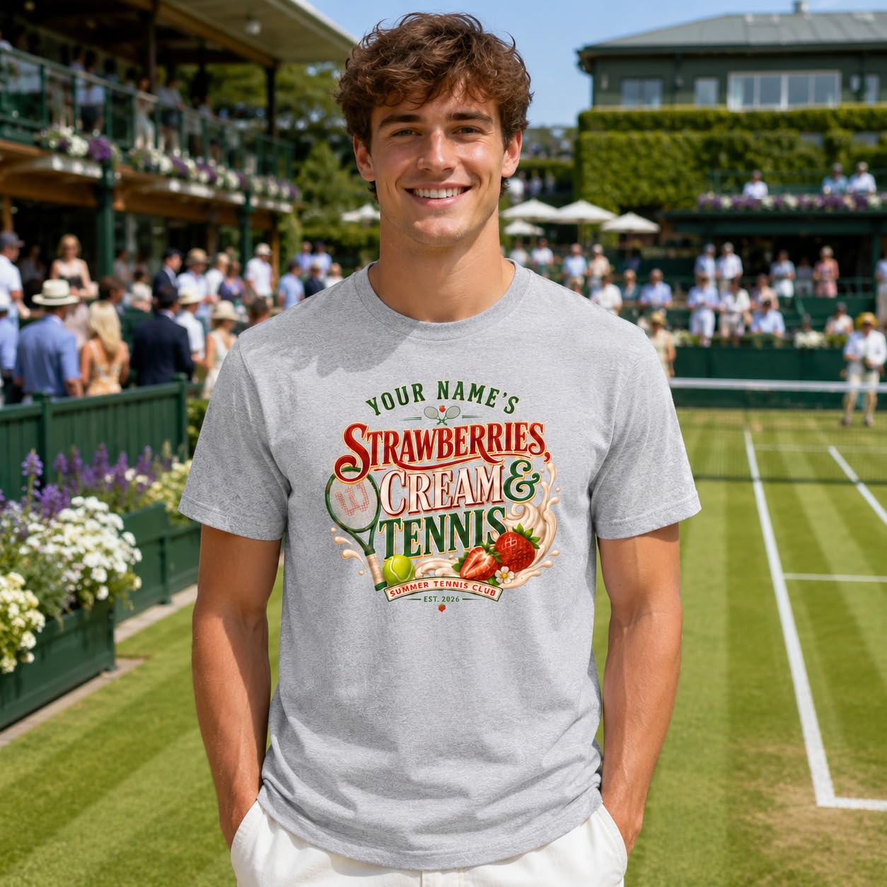 Galaxy Tees Personalised Strawberries Cream & Tennis T-Shirt Summer Sports Gift - Galaxy Tees