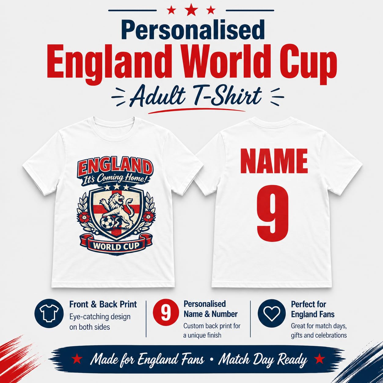 Personalised England World Cup T-Shirt, Custom Name & Number Back Print, Adult Unisex Football Fan Shirt, White Black Gift - Galaxy Tees