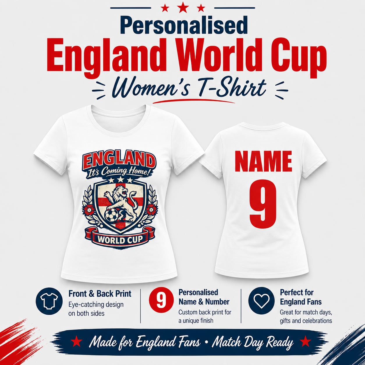 Personalised Galaxy Tees Women's Women’s England World Cup T-Shirt, Custom Name & Number Back Print, Ladies Football Fan Gift - Galaxy Tees