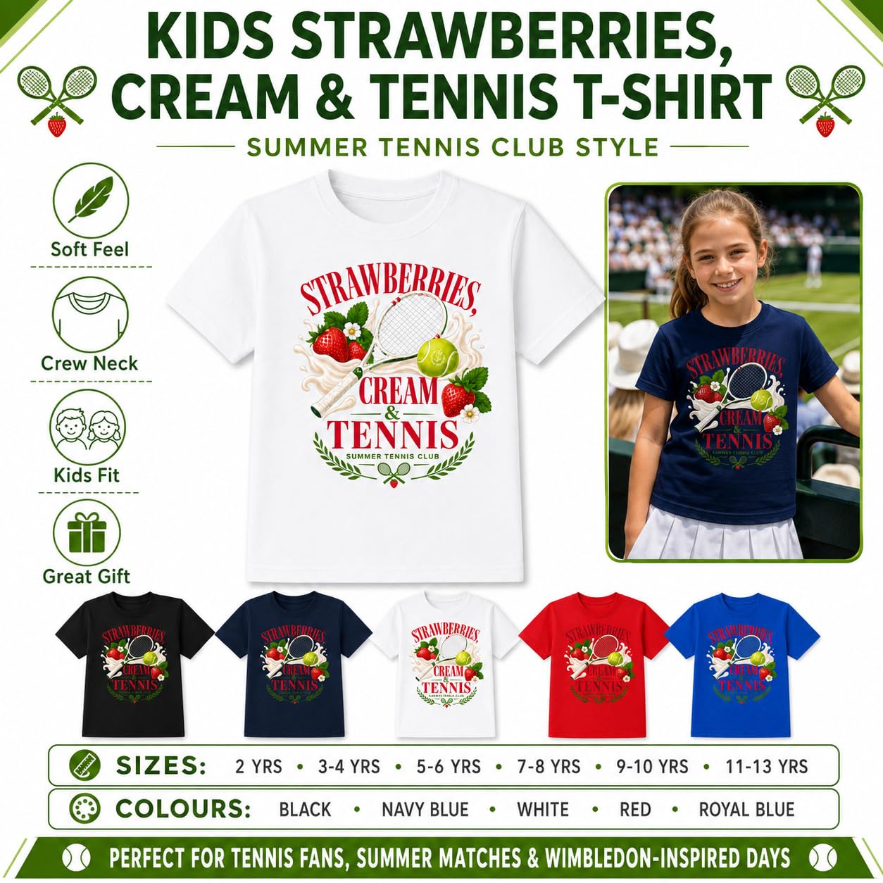Galaxy Tees Kids' Strawberries Cream & Tennis T-Shirt Summer Tennis Gift - Galaxy Tees