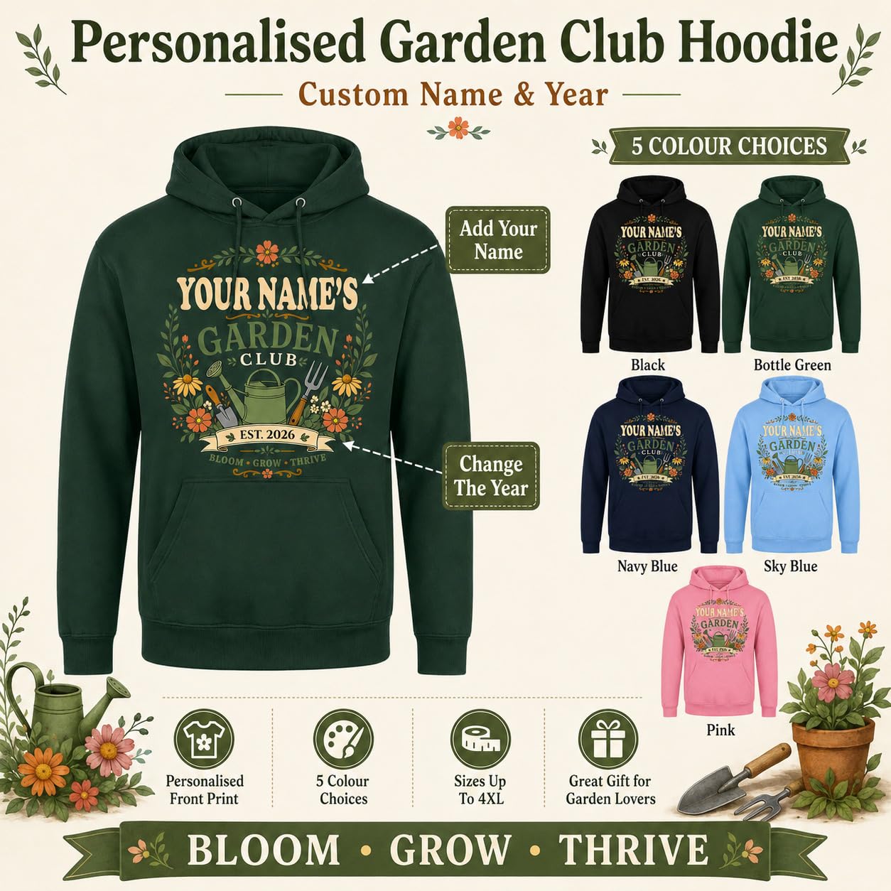 Personalised Garden Club Hoodie Custom Name Year Gardening Gift Adult Unisex Gardener Plant Lover Sweatshirt - Galaxy Tees