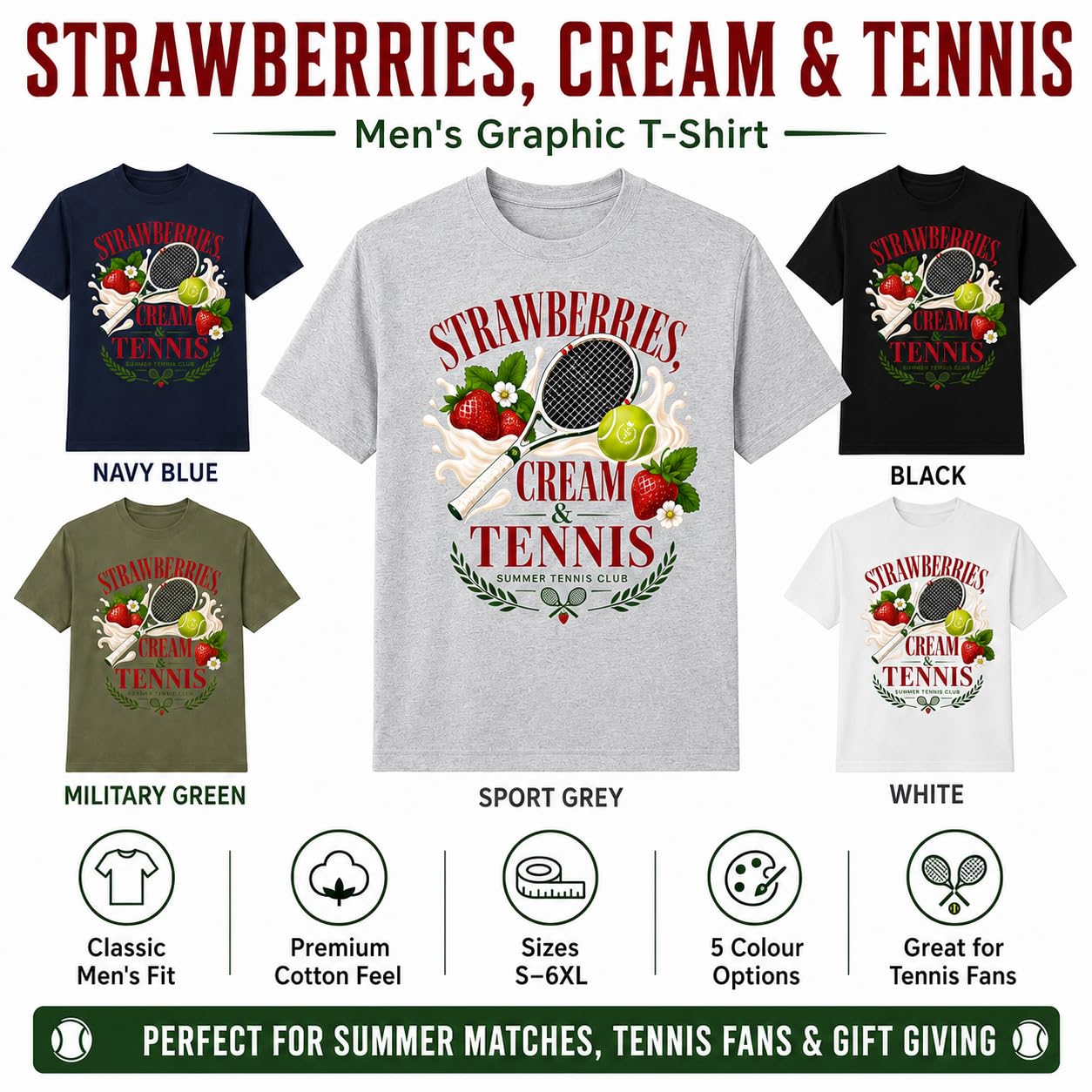 Galaxy Tees Strawberries Cream & Tennis T-Shirt Summer Tennis Gift Tee - Galaxy Tees