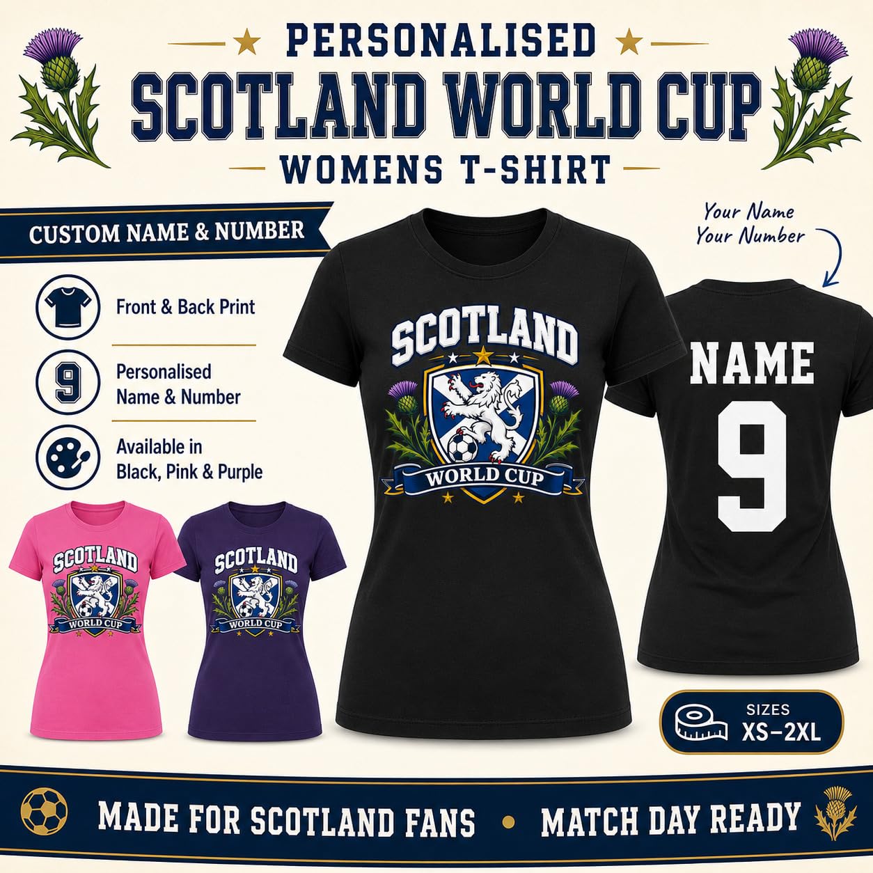 Women’s Personalised Scotland Saltire Thistle World Cup T-Shirt Custom Name Number Ladies Football Fan T-Shirt Gift - Galaxy Tees