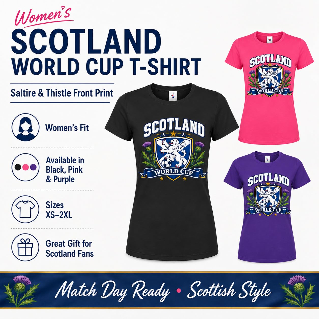 Women’s Scotland Saltire Thistle World Cup T-Shirt Ladies Scottish Football Fan T-Shirt Black Pink Purple Gift - Galaxy Tees