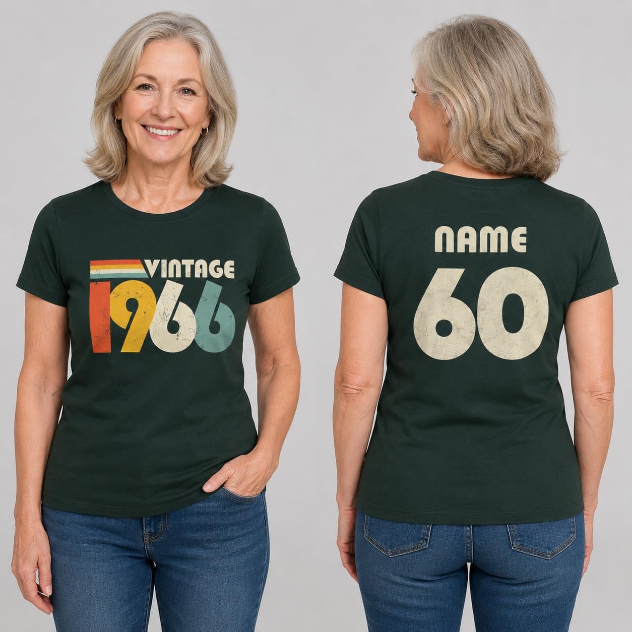 Personalised Vintage 1966 Women’s T-Shirt, 60th Birthday T-Shirt with Name on Back, Retro Born in 1966 Gift for Mum Nan Wife - Galaxy Tees