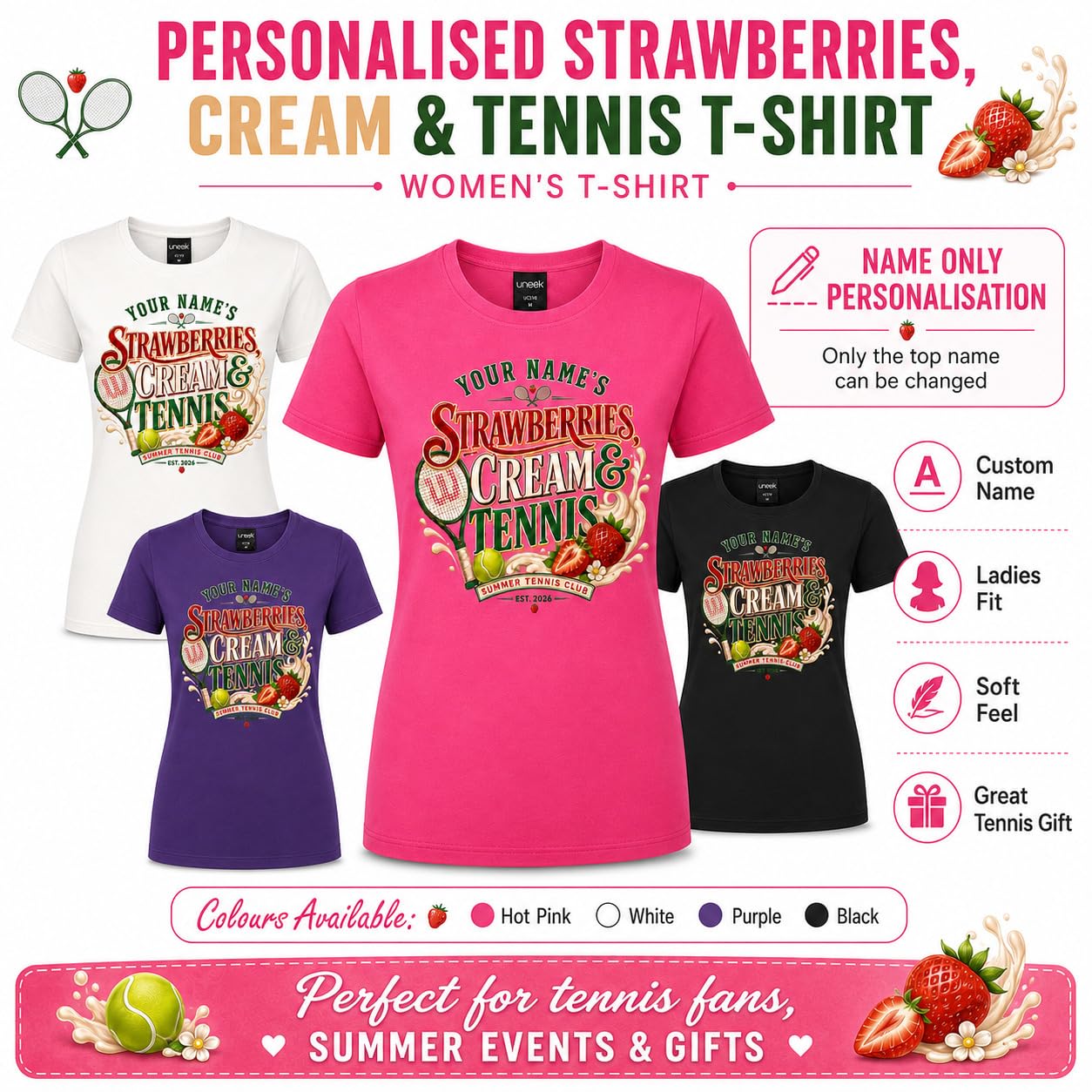 Galaxy Tees Women's Personalised Strawberries Cream & Tennis T-Shirt - Galaxy Tees
