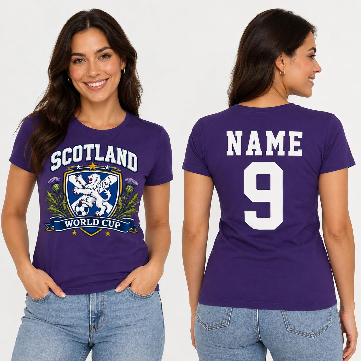 Women’s Personalised Scotland Saltire Thistle World Cup T-Shirt Custom Name Number Ladies Football Fan T-Shirt Gift - Galaxy Tees