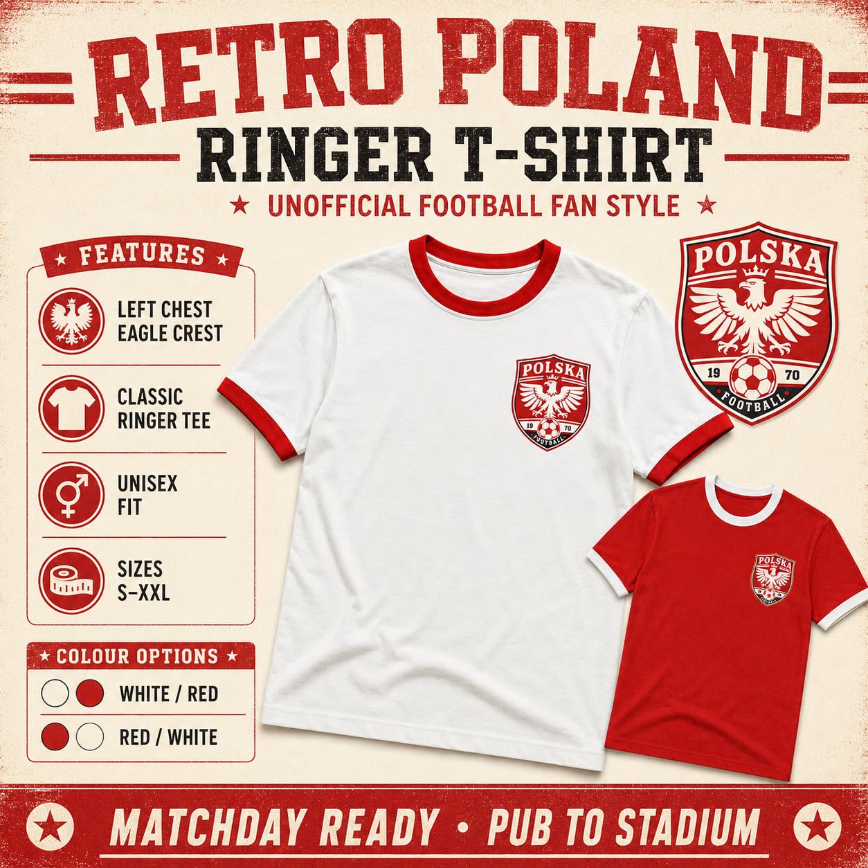 Galaxy Tees Retro Poland Ringer T-Shirt Country Colour Contrast Tee - Galaxy Tees