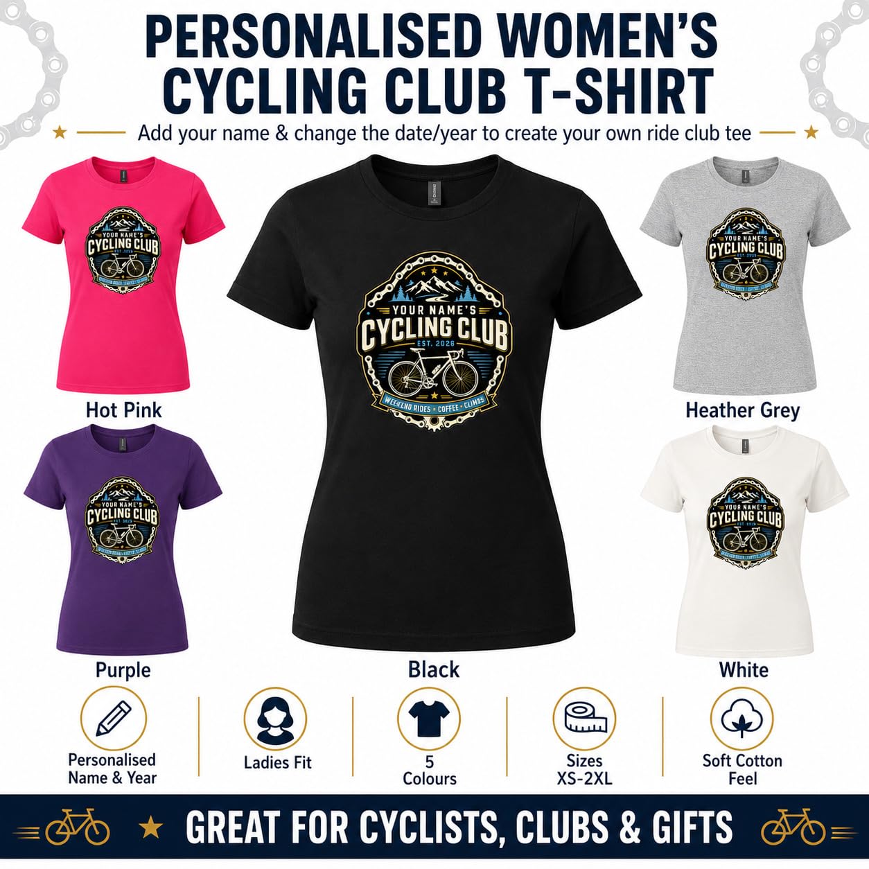 Women’s Personalised Cycling Club T-Shirt, Custom Name & Year Bike Rider T-Shirt, Cycling Gift for Women, Road Bicycle - Galaxy Tees