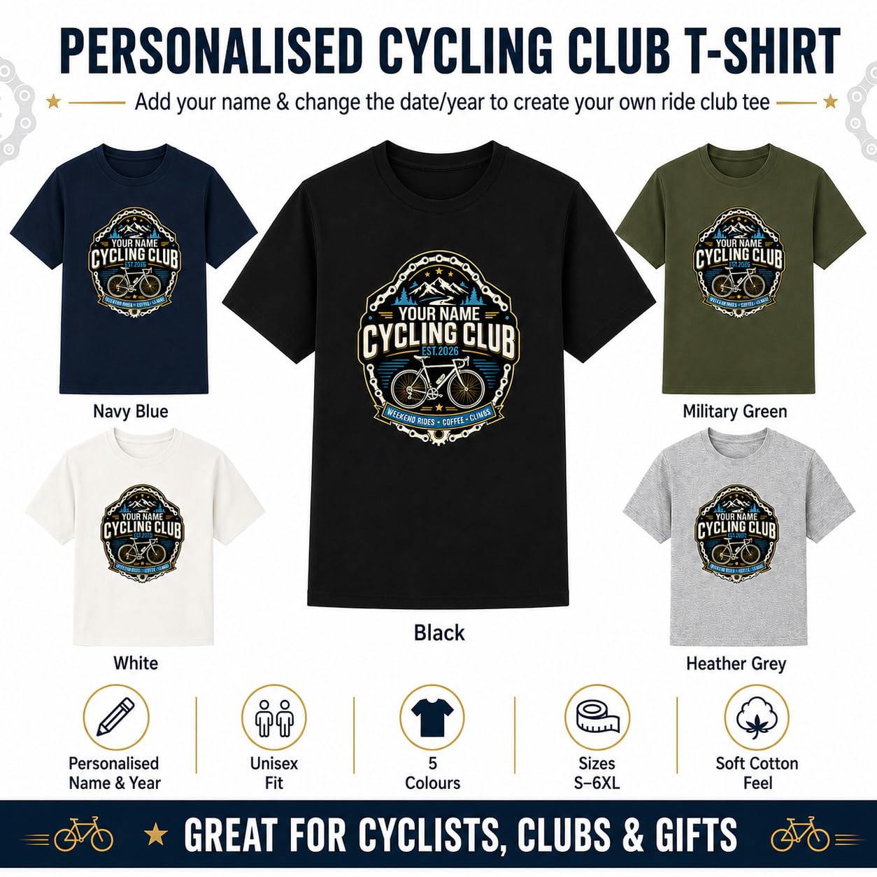 Personalised Cycling Club T-Shirt, Custom Name & Year Bicycle Rider T-Shirt, Cycling Gift for Men, Road Bike Club - Galaxy Tees