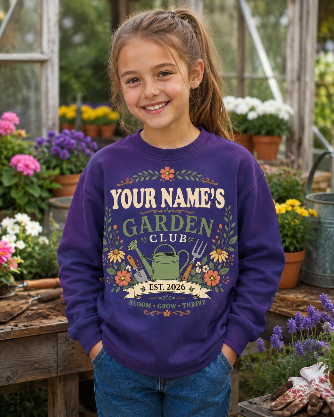 Kids Personalised Garden Club Sweatshirt Custom Name Year Gardening Gift Boys Girls Little Gardener Jumper - Galaxy Tees