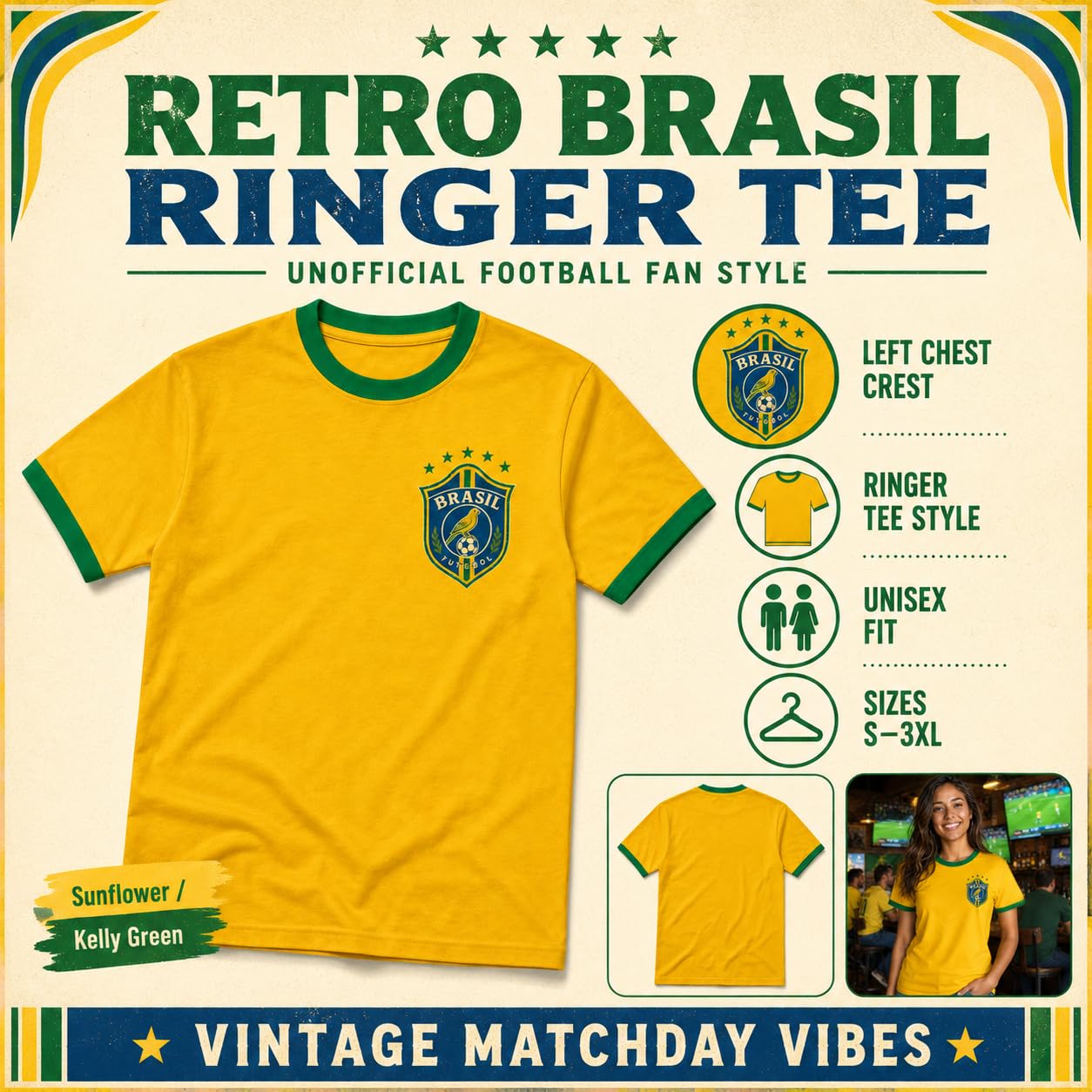 Galaxy Tees Retro Brazil Ringer T-Shirt Country Colour Contrast Tee - Galaxy Tees