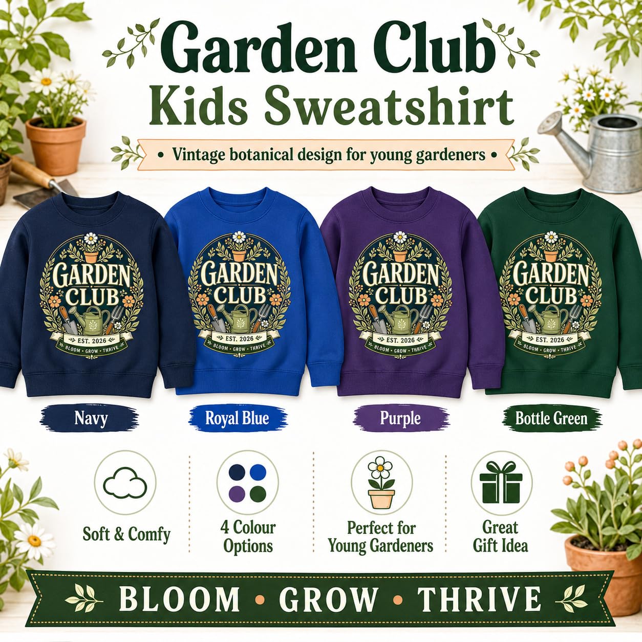 Kids Garden Club Sweatshirt Vintage Gardening Gift Boys Girls Little Gardener Plant Lover Jumper - Galaxy Tees