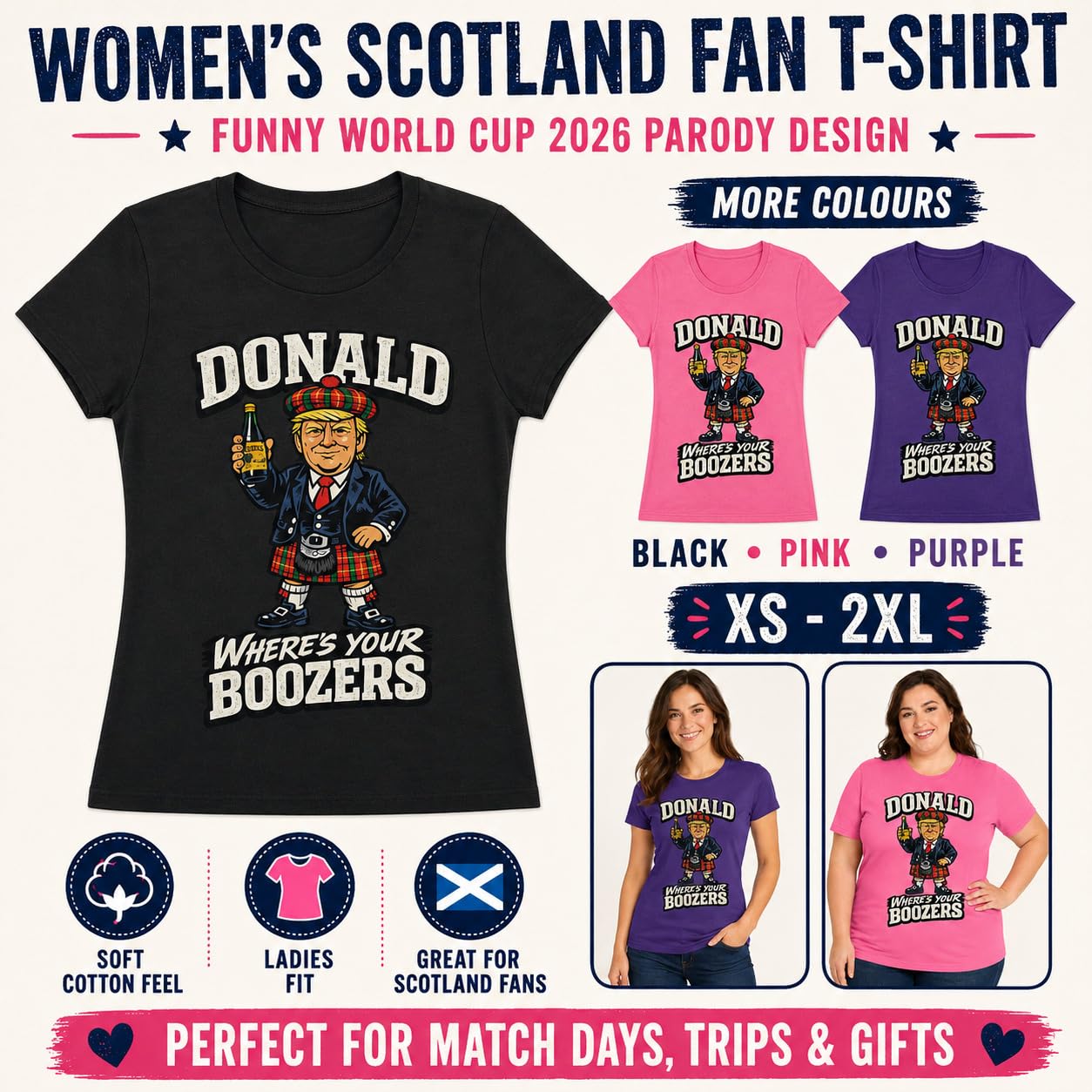 Galaxy Tees Women's Donald Where's Your Boozers T-Shirt Scottish Parody Tee - Galaxy Tees