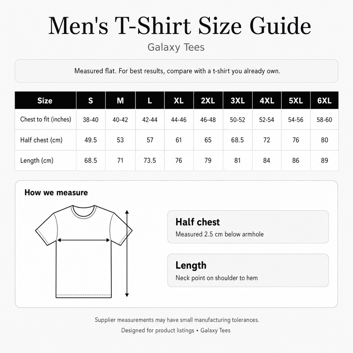 Galaxy Tees UC301 unisex T-shirt size guide, S to 6XL, chest fit, half chest and length