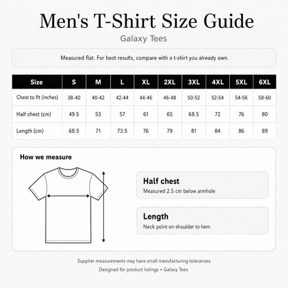 Galaxy Tees UC301 unisex T-shirt size guide, S to 6XL, chest fit, half chest and length