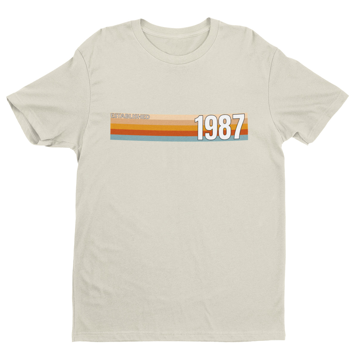 Beige Established 1987 T-shirt with vintage stripe front design