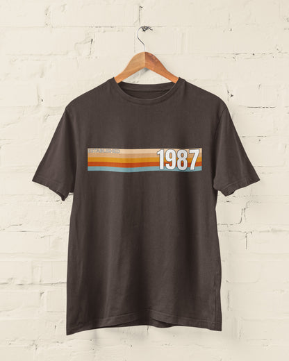 Brown Established 1987 vintage strip T-shirt hanging on a wooden hanger