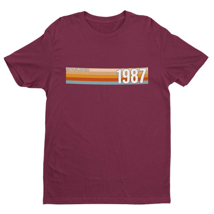 Maroon Established 1987 T-shirt with vintage stripe front design