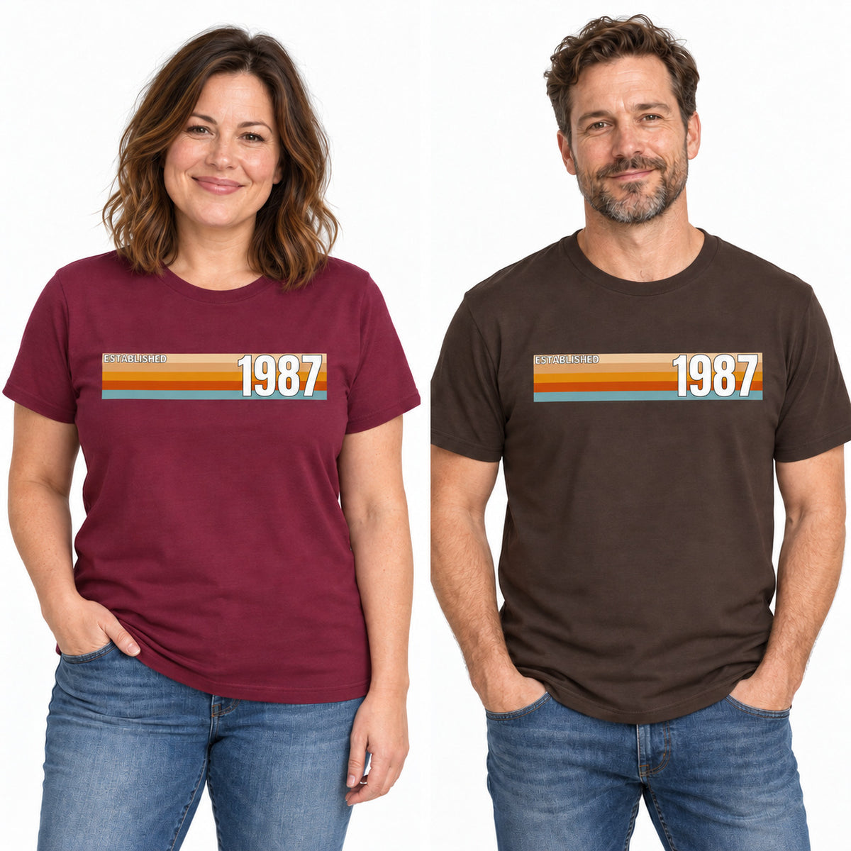 Established 1987 vintage birthday T-shirts worn by models in Maroon and Brown