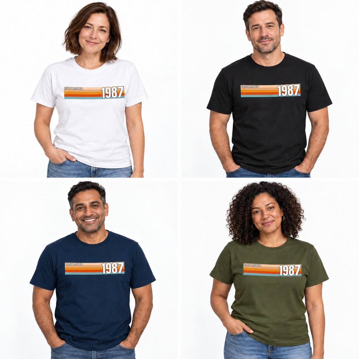 Men and women wearing Established 1987 T-shirts in White, Black, Navy and Military Green