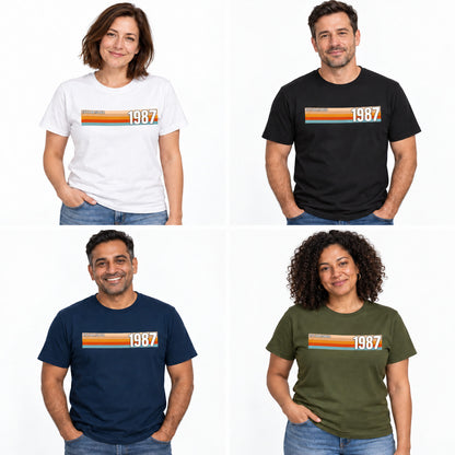 Men and women wearing Established 1987 T-shirts in White, Black, Navy and Military Green