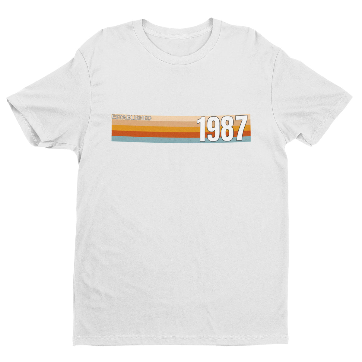 White Established 1987 T-shirt with vintage stripe front design