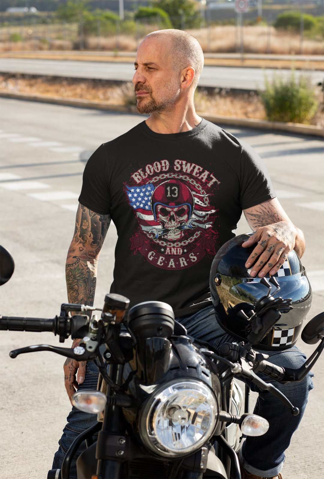 Biker T Shirt Blood Sweat and Gears Skull American Flag Design MotorcyGalaxy Tees