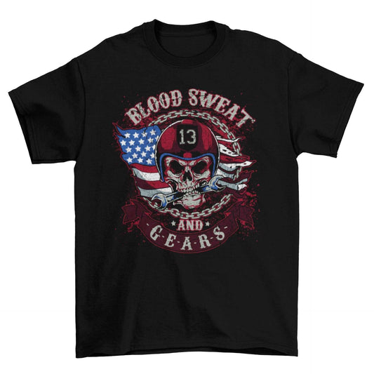 Biker T Shirt Blood Sweat and Gears Skull American Flag Design MotorcyGalaxy Tees